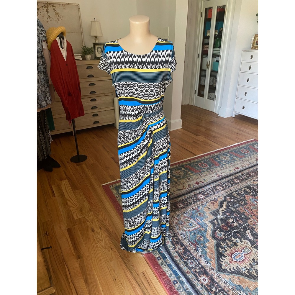 ECI New York Womens Blue Yellow Geometric Print Ruched Maxi Dress Size M